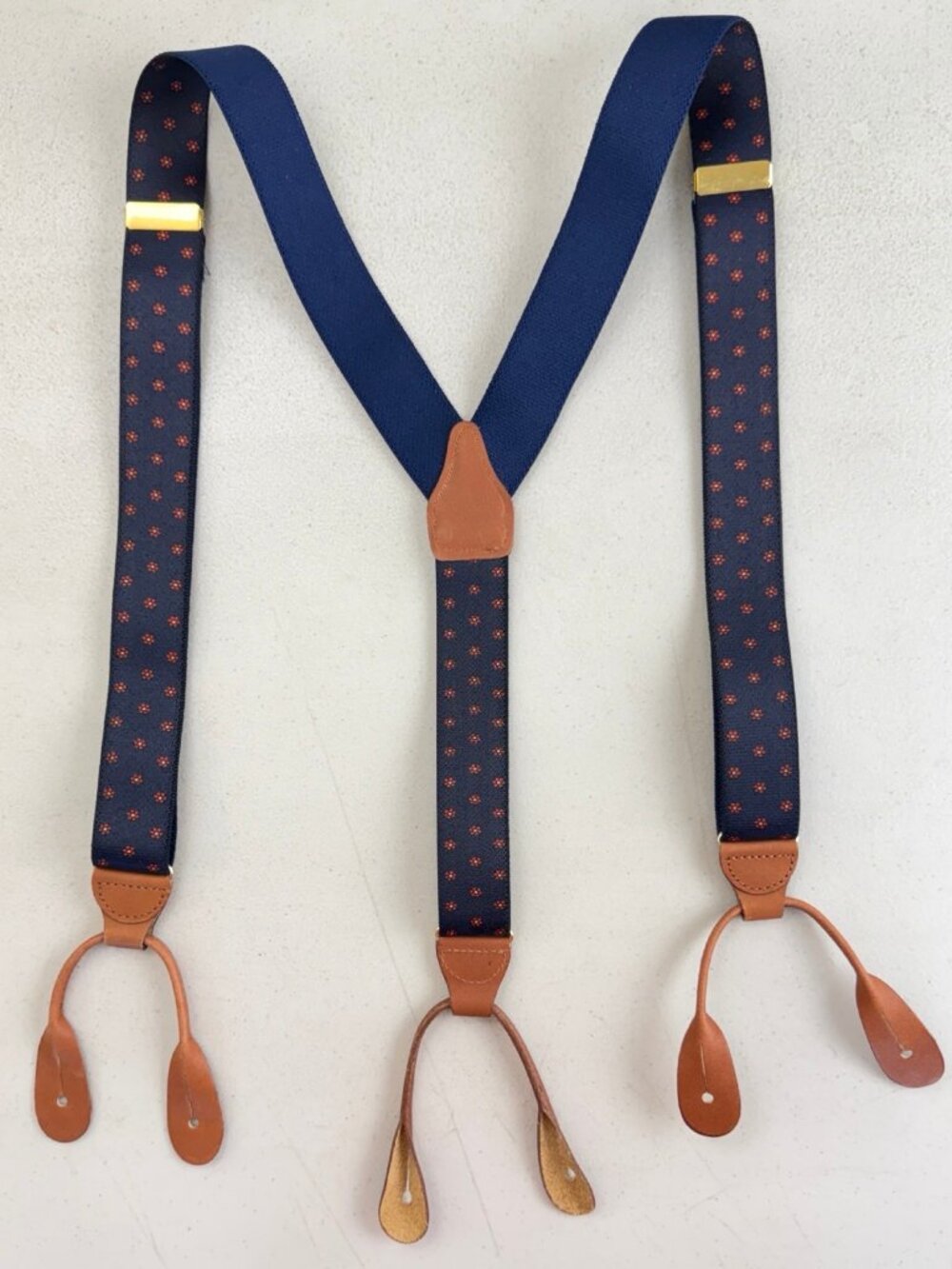 Vintage Medallion Pattern Navy Blue Suspenders 70s Adjustable One Size Fits Most